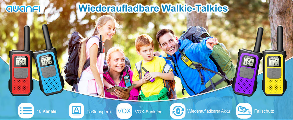 AWANFI Rechargeable Walkie Talkies (2/3/4-Pack) – Long Range 2-Way Radios with 16 Channels, VOX, USB-C Charging – Ideal for Kids & Adults, Outdoor Camping & Hiking