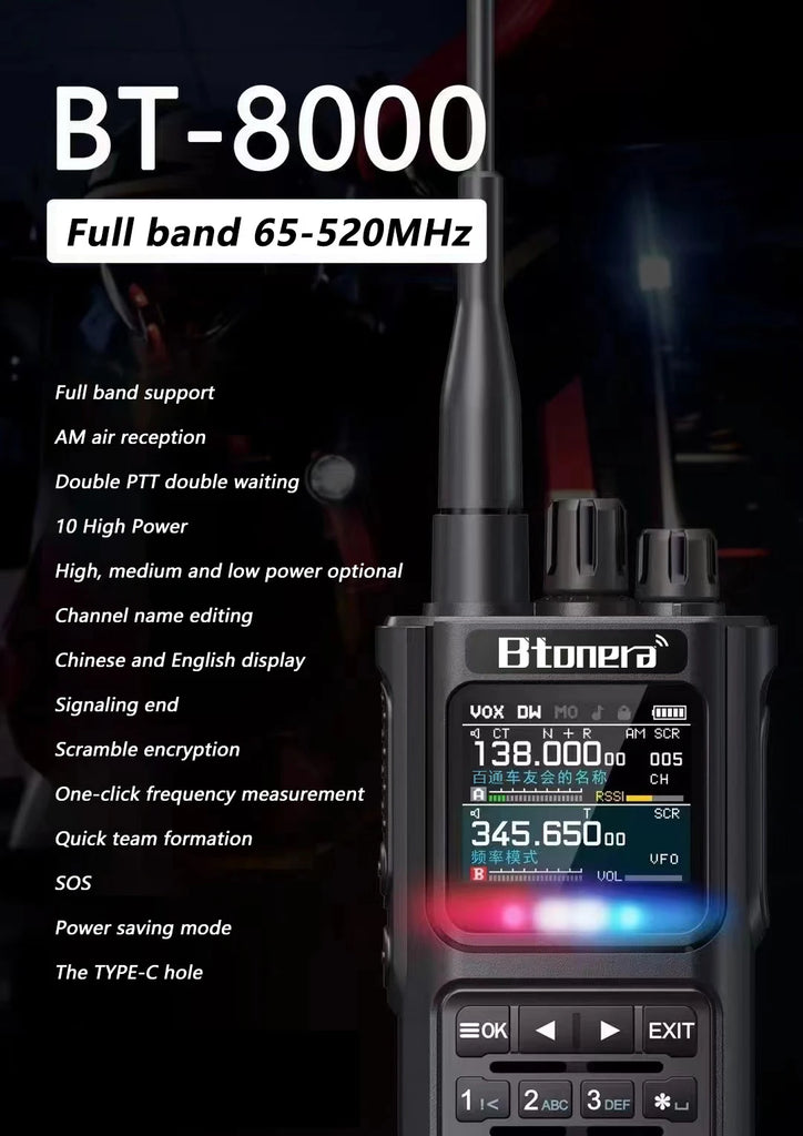 BTONERA BT-8000 Full-Band Ham Radio – 256CH Dual PTT Two-Way Radio with Airband, NOAA, Marine, and Scrambler