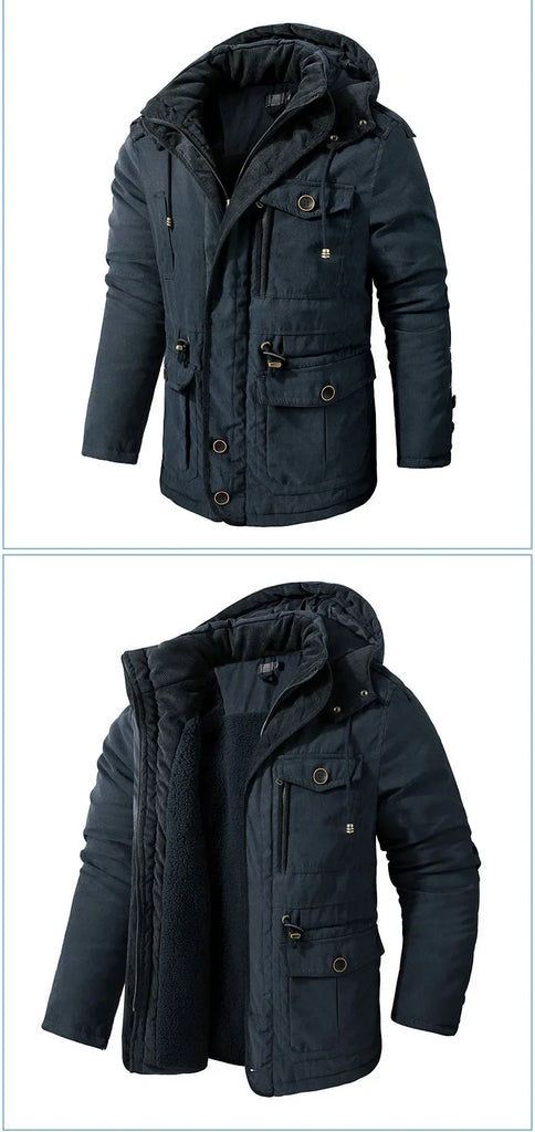 Men’s Hooded Winter Jacket – Thick Lamb Fleece Lining, Multi-Pocket,