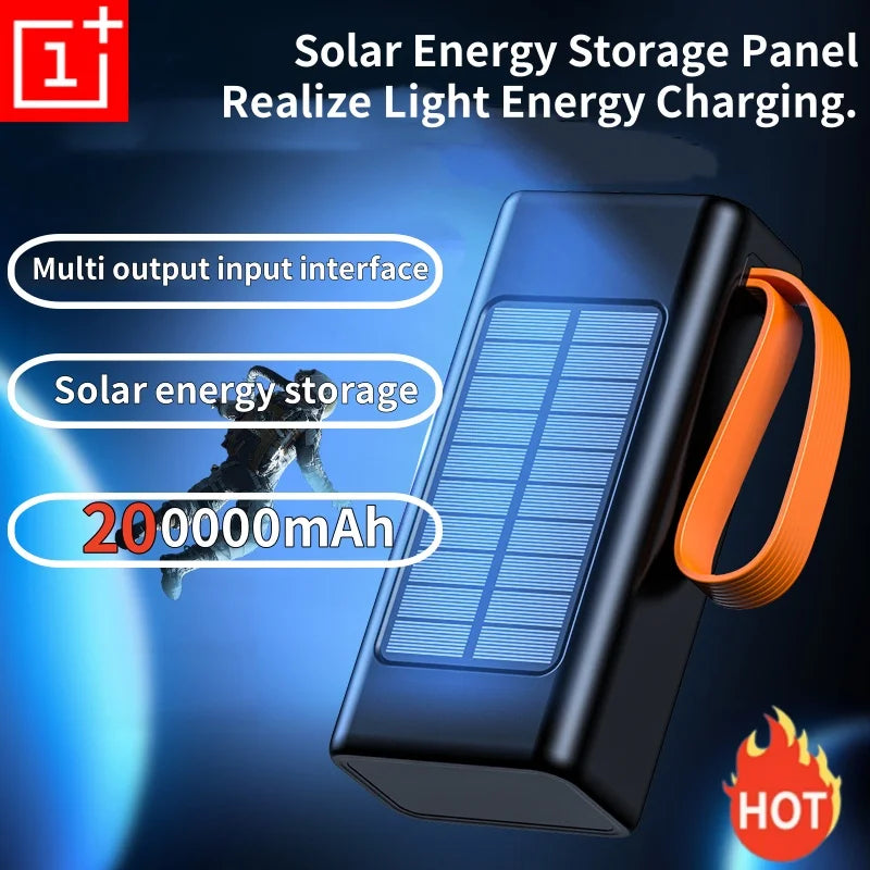 ONEPLUS 200,000mAh Solar Power Bank – Built-in Cables, LED Light, Fast Charging, High-Capacity External Battery