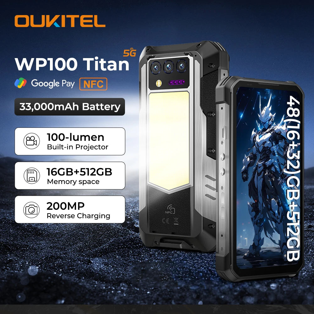 OUKITEL WP100 Titan Rugged Smartphone – 33,000mAh Battery, 200MP Camera, Built-in Projector, 66W Fast Charging, IP68 Waterproof
