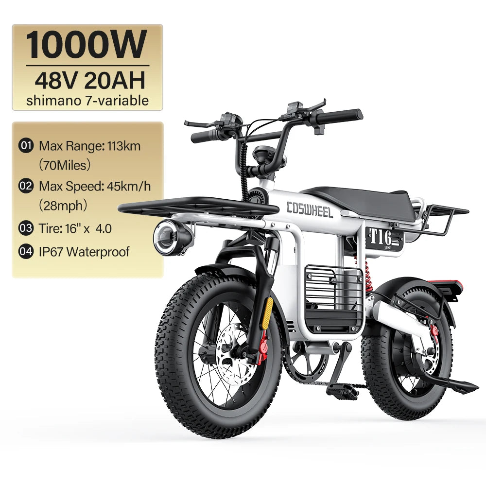 Coswheel CT20S 2000W Electric Dirt Bike – 60V 27.5Ah Fat Tire Ebike for Adults (20" Off-Road Tires, 161km Range)