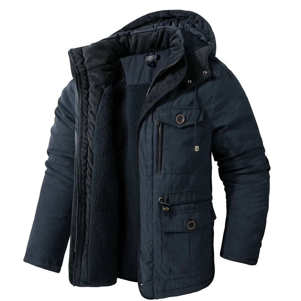 Men’s Hooded Winter Jacket – Thick Lamb Fleece Lining, Multi-Pocket,