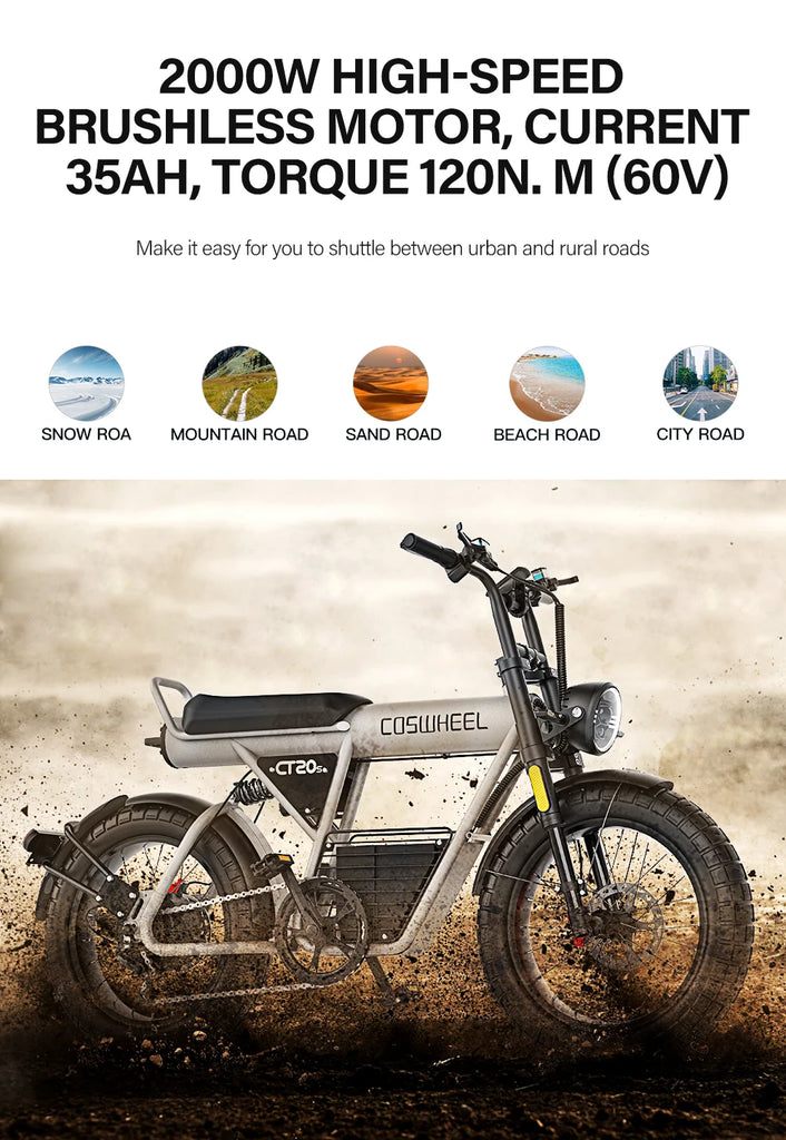 Coswheel CT20S 2000W Electric Dirt Bike – 60V 27.5Ah Fat Tire Ebike for Adults (20" Off-Road Tires, 161km Range)