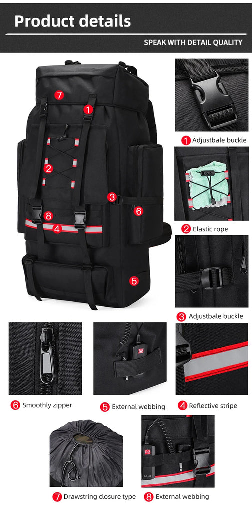 130L Waterproof Hiking Backpack – Heavy-Duty Outdoor Rucksack with Reflective Safety Strips & Molle System