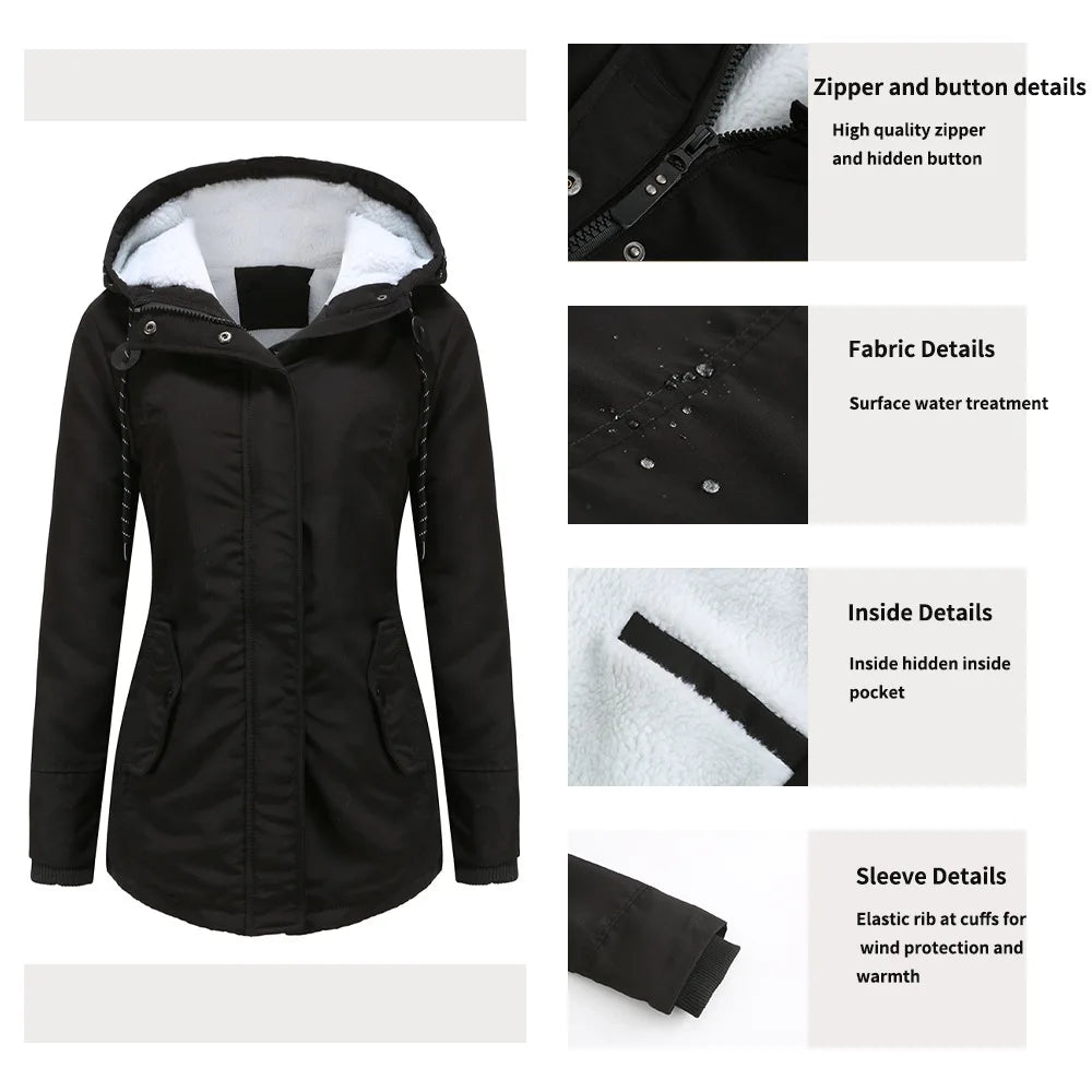 Women's Warm Hooded Parka – Thick Plush Mid-Length Winter Coat (S–5XL)