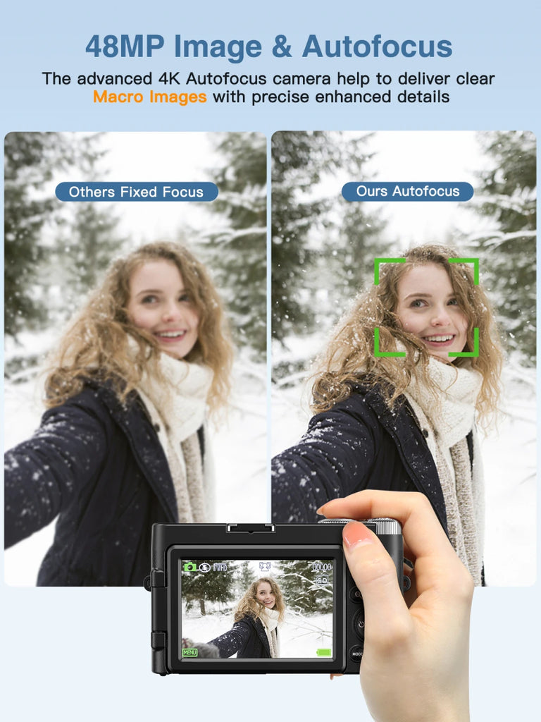 Melcam 4K Digital Camera with Flip Screen – 48MP Autofocus Vlogging Camera for Photography & Video, Anti-Shake, Flash, 16X Zoom