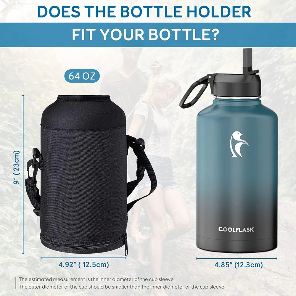 64oz / 128oz Insulated Water Bottle Carrier Bag with Strap – Protective Neoprene Sleeve for Thermos, Mug & Tumbler – Crossbody Holder for Hiking, Camping & Outdoor Use (Black)