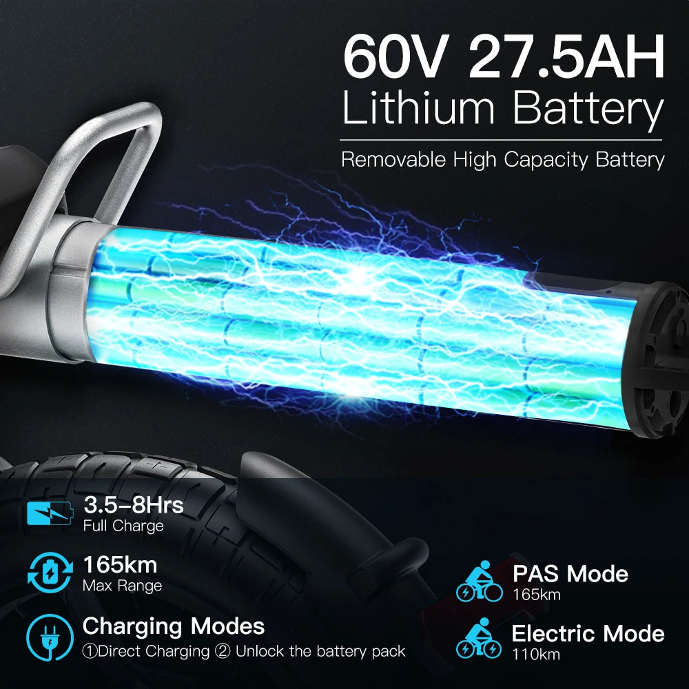 Coswheel CT20S 2000W Electric Dirt Bike – 60V 27.5Ah Fat Tire Ebike for Adults (20" Off-Road Tires, 161km Range)