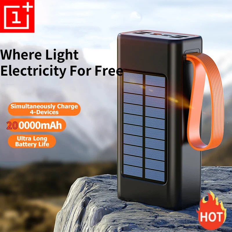 ONEPLUS 200,000mAh Solar Power Bank – Built-in Cables, LED Light, Fast Charging, High-Capacity External Battery