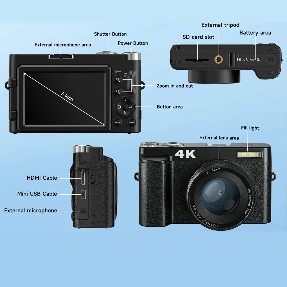 Melcam 4K Digital Camera with Flip Screen – 48MP Autofocus Vlogging Camera for Photography & Video, Anti-Shake, Flash, 16X Zoom