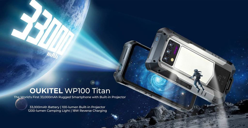 OUKITEL WP100 Titan Rugged Smartphone – 33,000mAh Battery, 200MP Camera, Built-in Projector, 66W Fast Charging, IP68 Waterproof