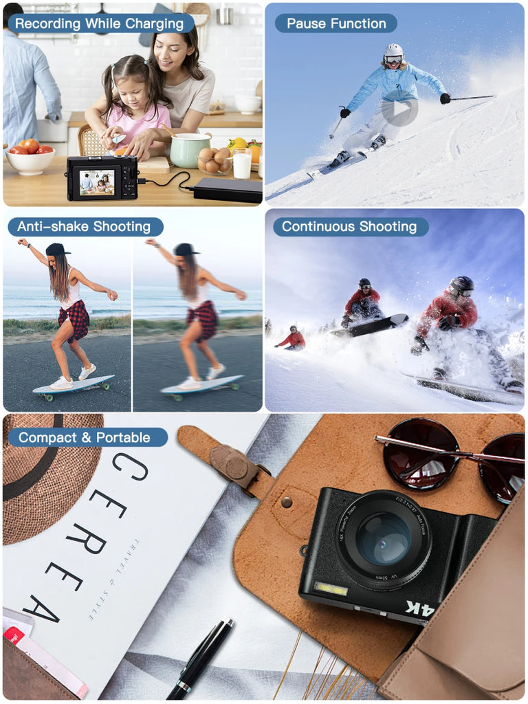 Melcam 4K Digital Camera with Flip Screen – 48MP Autofocus Vlogging Camera for Photography & Video, Anti-Shake, Flash, 16X Zoom