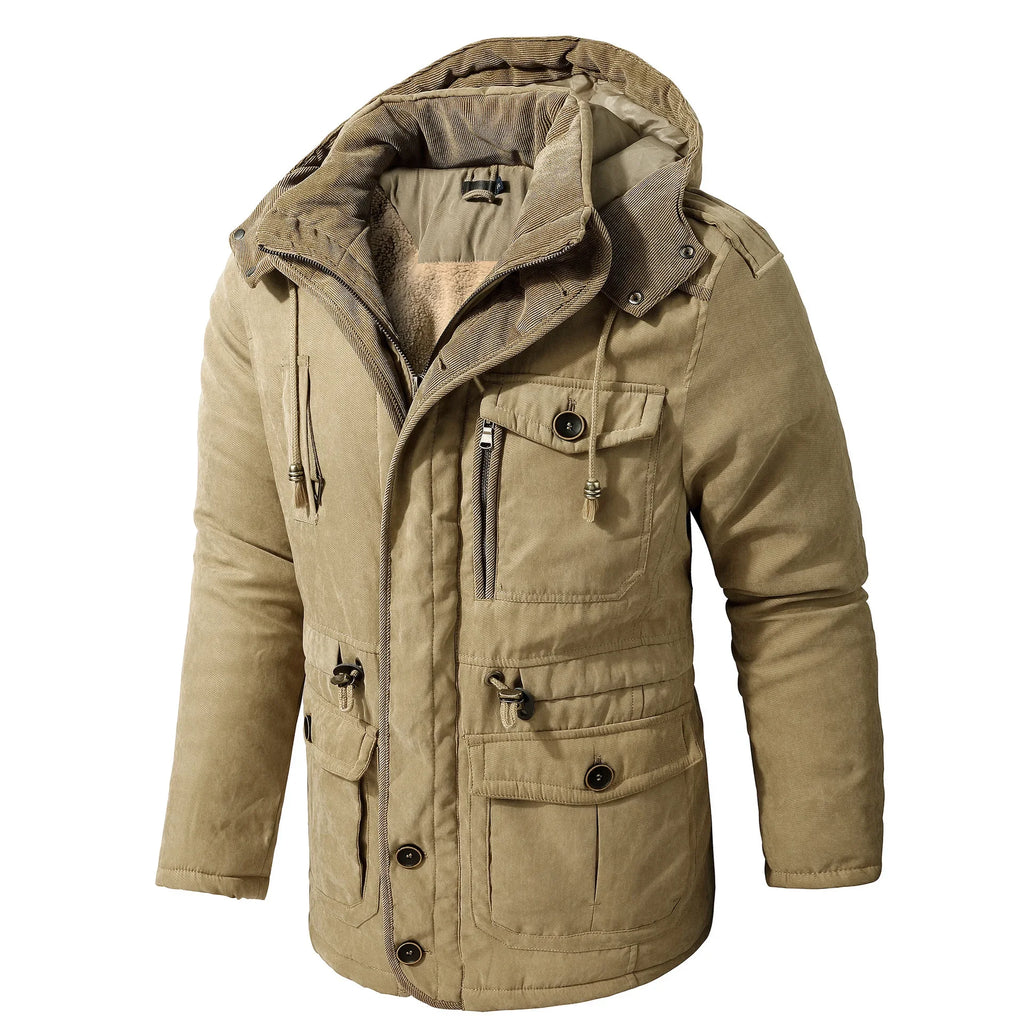 Men’s Hooded Winter Jacket – Thick Lamb Fleece Lining, Multi-Pocket,