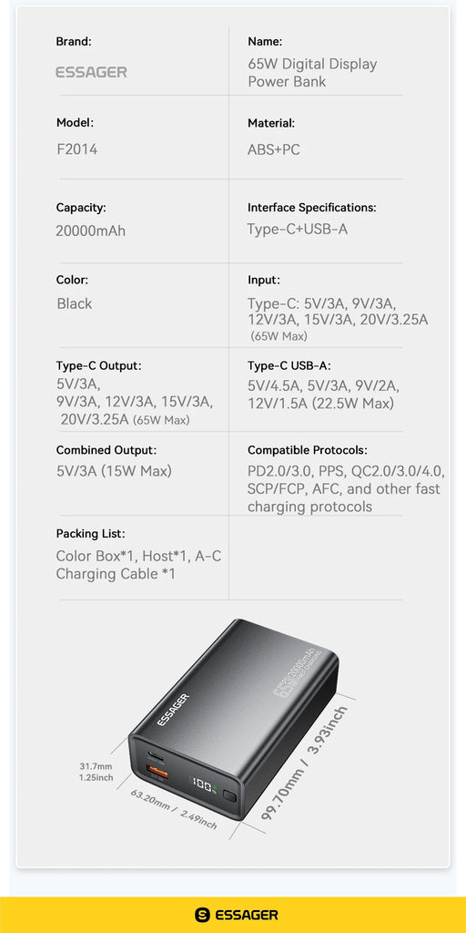 Essager 20000mAh 65W PD Power Bank – Fast Charging Portable Battery with Built-in Cables & LED Lamp